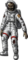 Zombie astronaut in white space suit, skeletal face, horror sci-fi character, damaged gear, American flag patch, undead space explorer, vector illustration