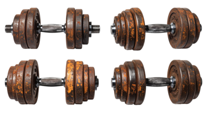 Four old rusty dumbbells arranged in a square formation