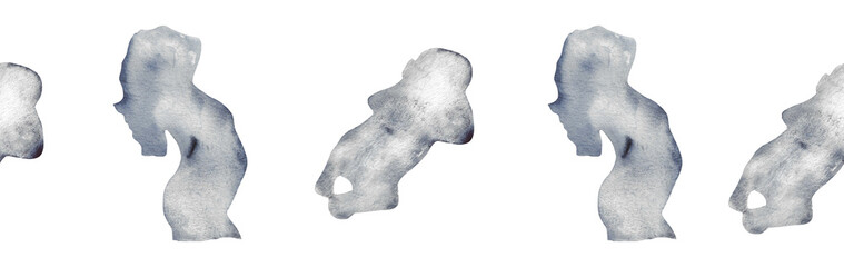  Watercolor pregnant girl and baby silhouette blue pattern.Hand painted silhouette motherhood element border on white background.