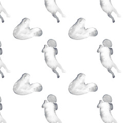 Watercolor baby silhouette blue print.Hand painted silhouette motherhood element pattern on white background.