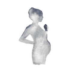 Watercolor pregnant girl silhouette blue element.Hand-painted silhouette motherhood element on white background.
