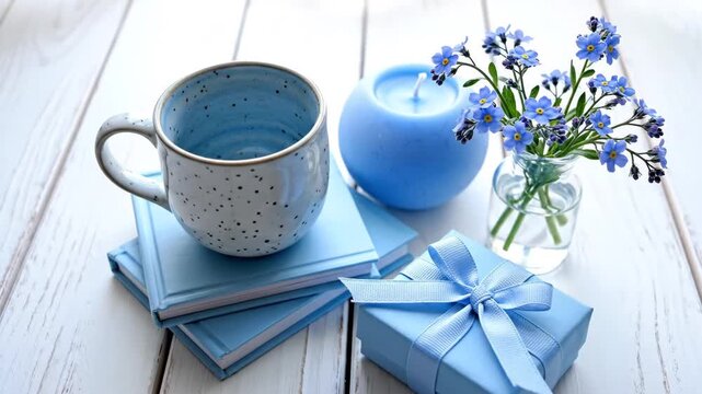 Beautiful blue still life arrangement featuring a spotted blue mug on a stack of light blue books, a blue gift box with a ribbon, a round blue candle, and a small vase of forget-me-not flowers.