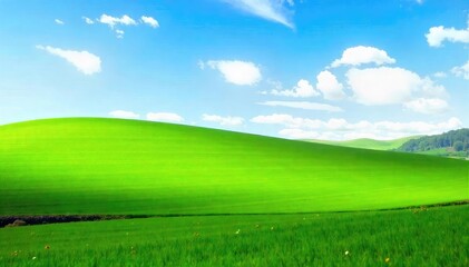 Obraz premium Serene landscape featuring a vibrant green field extending to a verdant horizon under a clear sky Perfect for nature, environmental, and spring themes , field, daylight