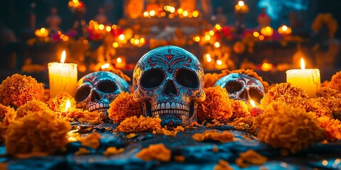 Bright and Festive Día de los Muertos Celebration | Colorful Day of the Dead Artwork with Traditional Elements | Vibrant Mexican Holiday Scene with Sugar Skulls and Flowers | Joyful Día de Muertos