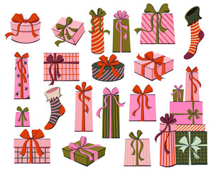 Retro Pink Vintage Christmas Presents Illustrations Isolated
