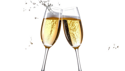 Two champagne glasses clinking, sparkling golden drinks