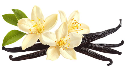 Vanilla flowers bloom beside aromatic dark vanilla bean pods