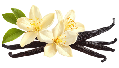 Vanilla flowers bloom beside aromatic dark vanilla bean pods