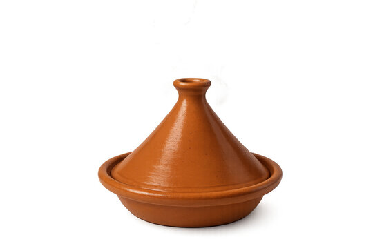 Traditional clay tagine pot with conical lid, an earthenware cooking vessel for moroccan cuisine on transparent background