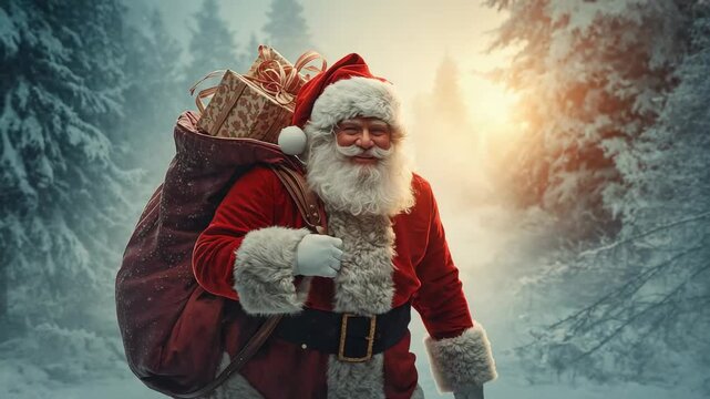 Sunrise rays filtering pines guiding Santa walking winding path carrying red sack containing gifts