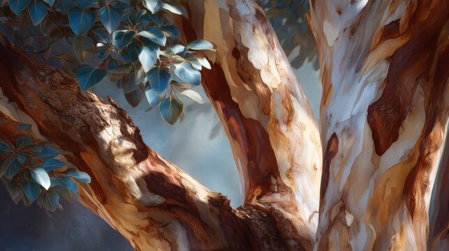 Close up of eucalyptus tree bark texture with blue leaves
