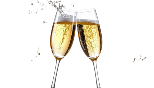 Two champagne glasses clinking, sparkling golden drinks