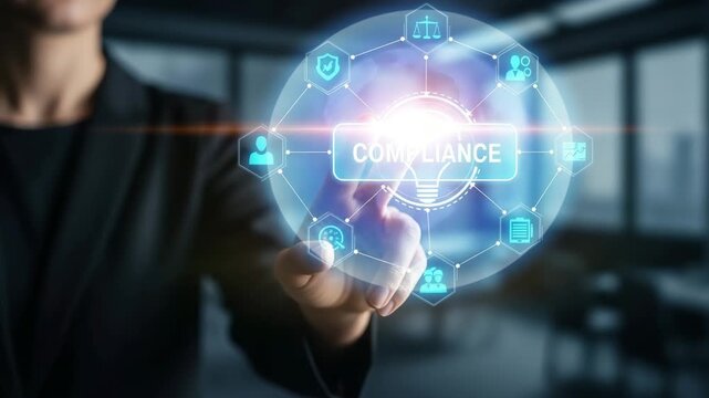 Businessman uses a finger to touch a virtual button on a digital screen for global business communication