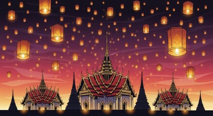 Spectacular Buddhist Temples Illuminated by Floating Lanterns: A Cultural Celebration of Light and Faith Under a Beautiful, Colorful Sunset Sky,