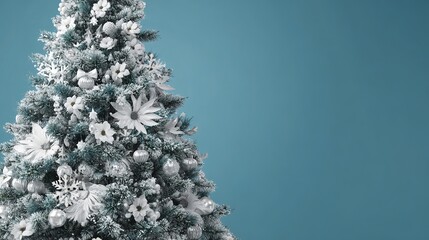 青い背景に装飾が施されたクリスマスツリー。