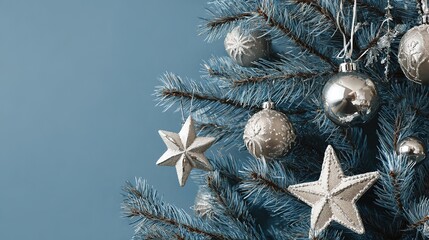 青い背景に装飾が施されたクリスマスツリー。