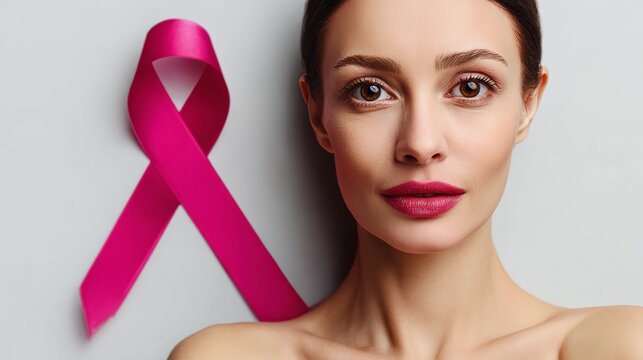 A woman with a pink ribbon on her head is looking at the camera. The ribbon is pink and is attached to the wall behind her. The woman is wearing lipstick and has a serious expression on her face