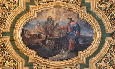 Schilderijen op glas Jezus Christus AMALFI, ITALY - OCTOBER 3, 2025: The painting of Mirracle Fishing in the church Cattedrale di San Andrea by Jose Castellano (1708)  © Renáta Sedmáková
