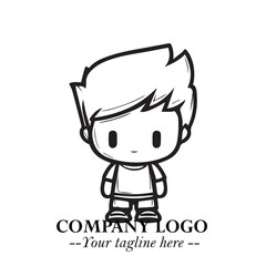 Black and White Chibi Boy Illustration with Jacket and Boots in Bold Thick Line Art Minimal Style
