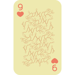 Playing Card Nine of Hearts With Delicate Floral Pattern and Cream Background Isolated On White.