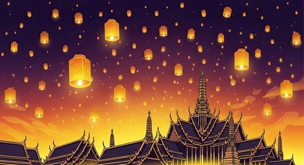 Spectacular Thai Temple Illuminated by Floating Lanterns during a Vibrant Evening Festival Celebration in a Serene and Magical Landscape, Capturing