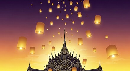Thailand's Sky Lantern Festival Over Temple: A Captivating Display of Tradition, Culture, and Celebration, With Vibrant Lights, Creating A Magical
