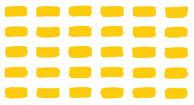 Thirtyfive yellow paint strokes arranged in rows on a white background
