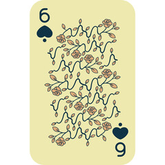 Playing Card Six of Spades With Floral Design On A Yellow Background Featuring A Decorative Vine Pattern With Roses And Two Spade Symbols