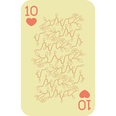 Playing Card Ten of Hearts with Floral Pattern on Pale Yellow Background