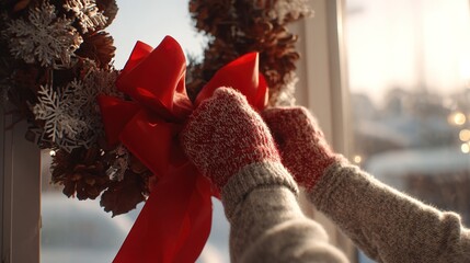 ウールの手袋をはめた手で、花輪に赤いリボンを掛けています。