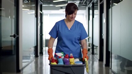 A cleaning professional navigates an office space with a cart full of supplies, emphasizing cleanliness and safety.