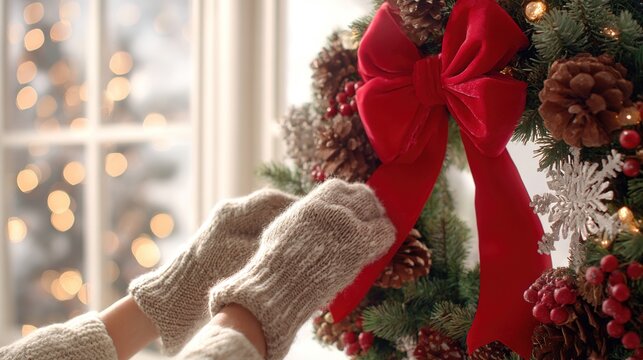 ウールの手袋をはめた手で、花輪に赤いリボンを掛けています。 - Powered by Adobe