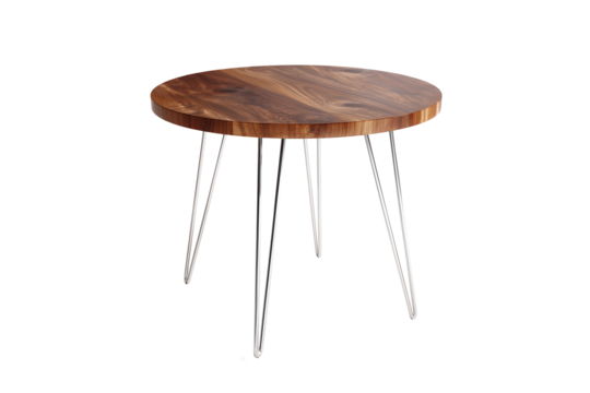 Wooden round table 3d rendering PNG. Walnut wood desk with round top and steel legs on transparent isolated background.