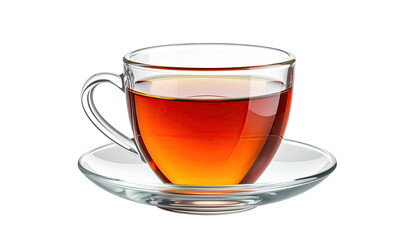 Glass teacup of rich tea on saucer, isolated on black background