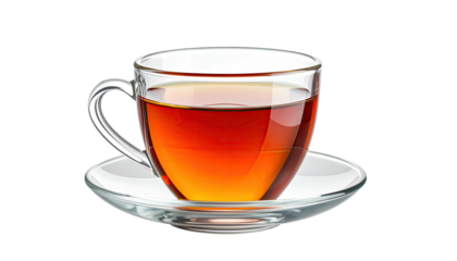 Glass teacup of rich tea on saucer, isolated on black background