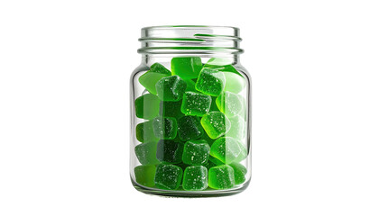 Glass jar filled with green gelatin cube candies