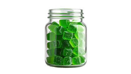 Glass jar filled with green gelatin cube candies