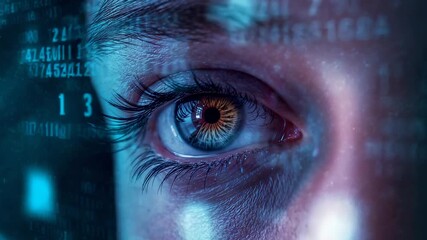 Receiving code streams, right eye scanning holographic display for analysis while blinking in lab - Powered by Adobe