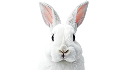 Close-up of a white rabbit with pink ears on a black background