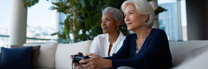 Elderly caucasian and african females enjoying a video game indoors together