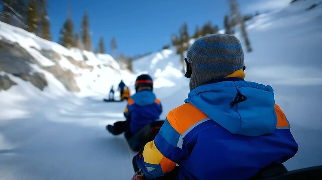 Back turned duo on sled racing downhill with clear focused snowy landscape and family member ready, with copy space