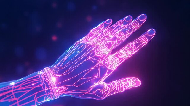 Opening digital void showing holographic left hand materializing with pulsing circuits, light nodes
