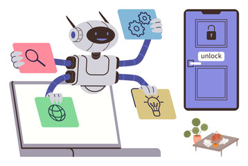 Robot using four arms to handle innovation, search, and global network tasks on a computer by a locked door. Ideal for automation, AI, innovation, security, multitasking, technology smart solutions