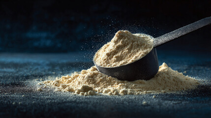 Scoop of protein powder spilled on a dark surface. The powder is tan and finely ground