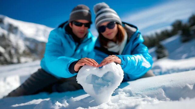 Defocused romantic couple with sharp focused heart shape sculpted in pristine snow at mountain resort, with copy space