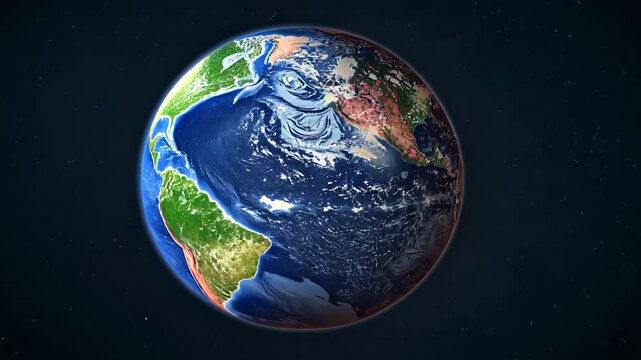 Starting 3D Earth spinning through star field, highlighting shifting continents and swirling clouds