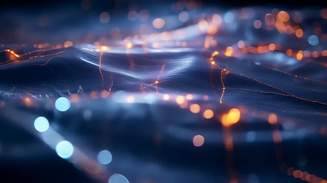 Starting surface waving in grid, orange lines and nodes pulsing then dimming with blue bokeh orbs