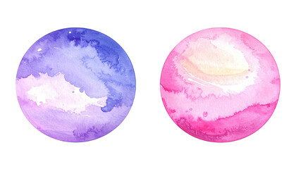 Two watercolor orbs in violet and pink isolated on black