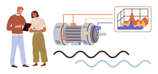 Two engineers discussing insights on a tablet next to an electric motor, graph displaying performance trends, and waves depicting power flow. Ideal for innovation, industry, discussion, research