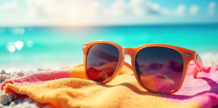 Stylish sunglasses resting on a vibrant summer beach towel, reflecting the bright sun and ocean Perfect for summer vacation promotions, travel blogs, and eyewear websites , shade, summer